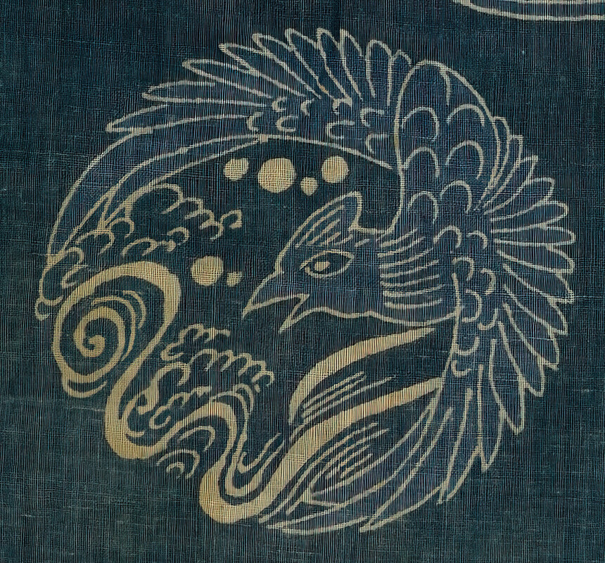 Stylized bird with swirling patterns on textured dark blue background