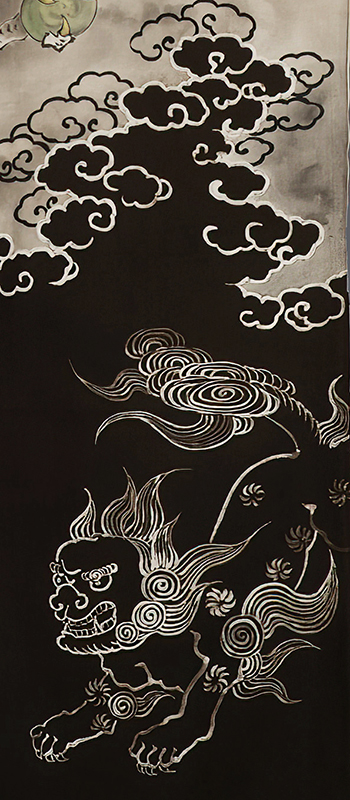 Traditional Japanese ink painting of a stylized mythical lion with clouds