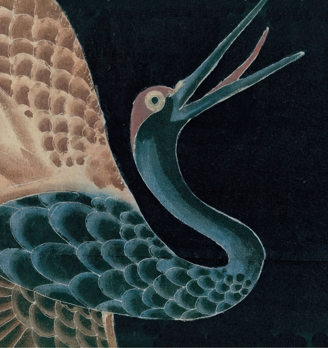 Vintage illustration of a stylized bird with scaly feathers against dark background