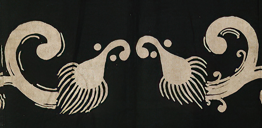 Vintage Asian art print of stylized symmetrical birds with curling feathers