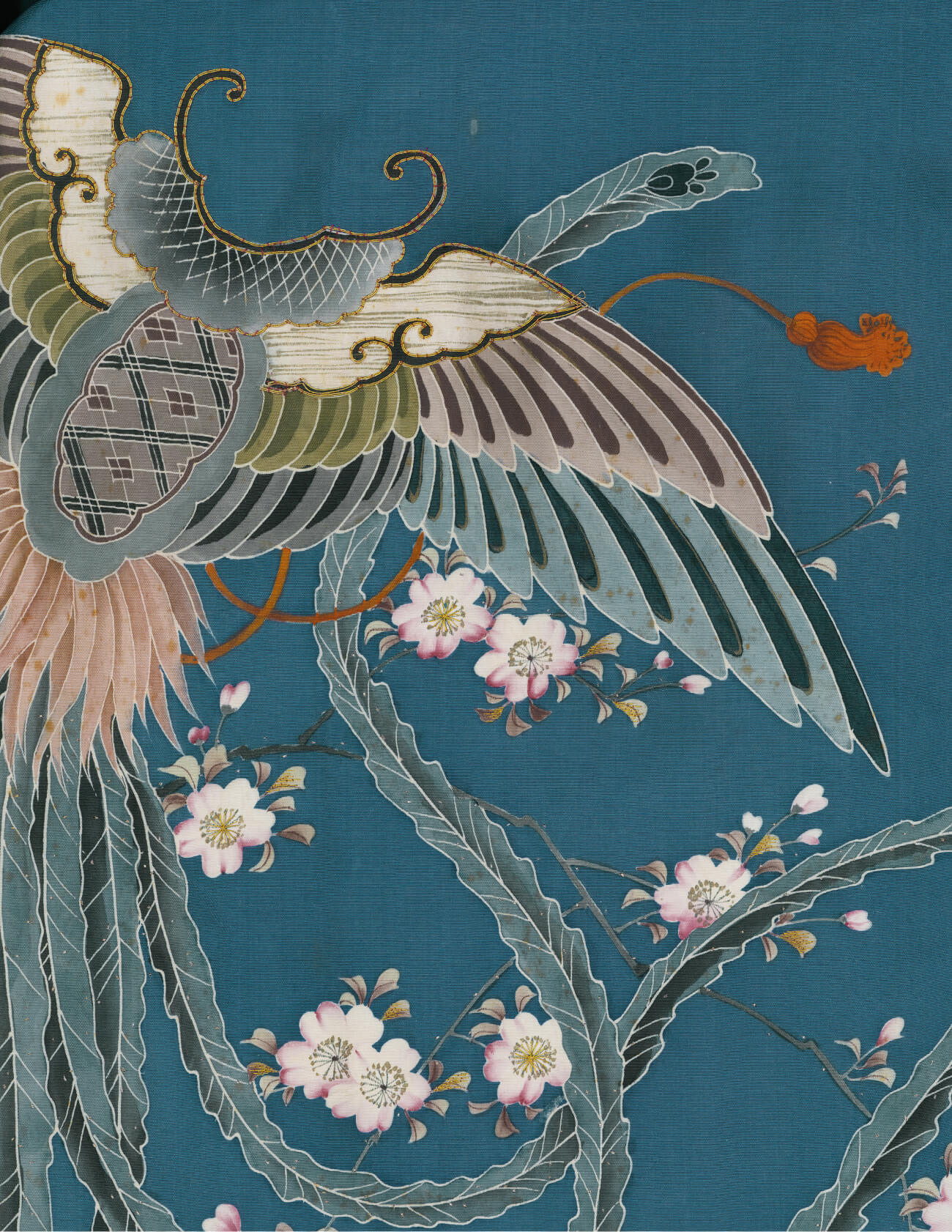 Vintage Japanese artwork of a stylized bird with cherry blossoms