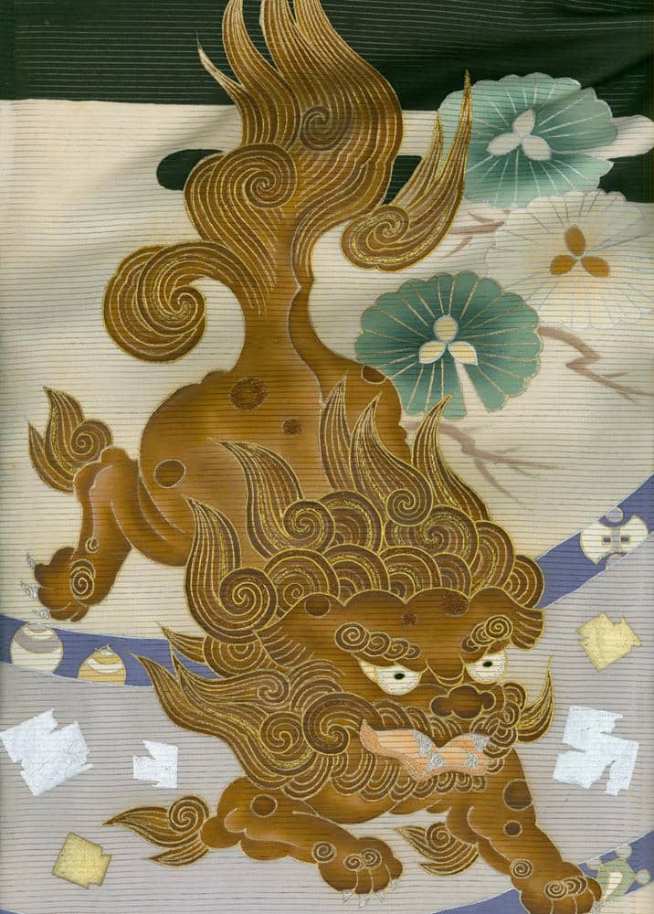 Golden Japanese mythical lion-dog shishi guardian with floral background