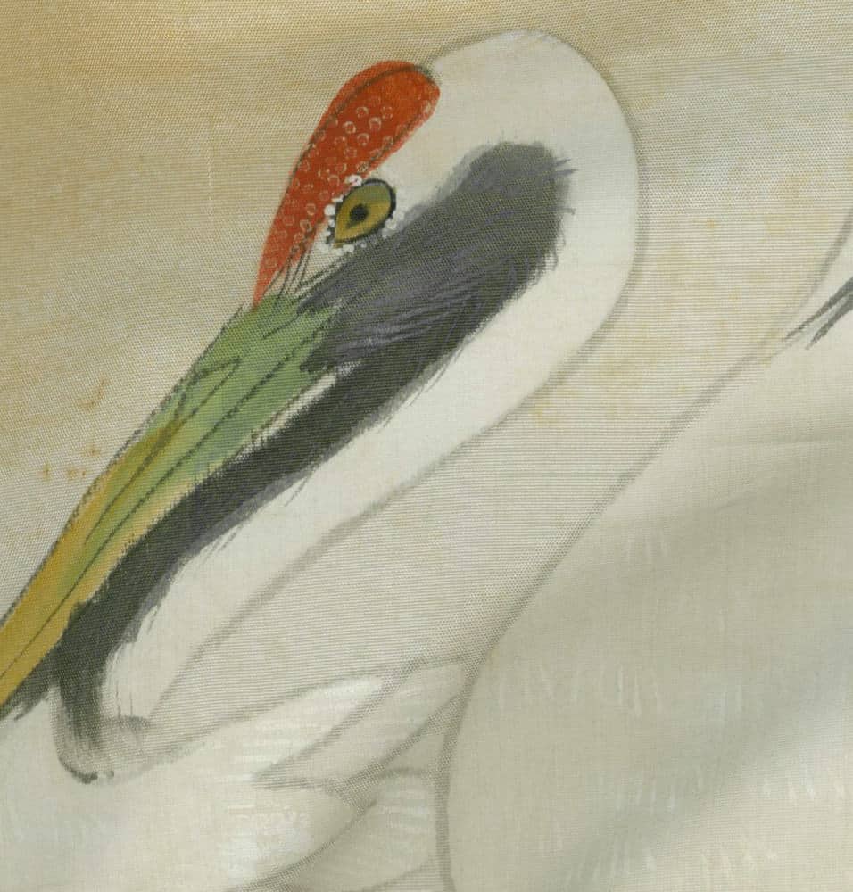 White pelican with vibrant red head and yellow-green neck detail