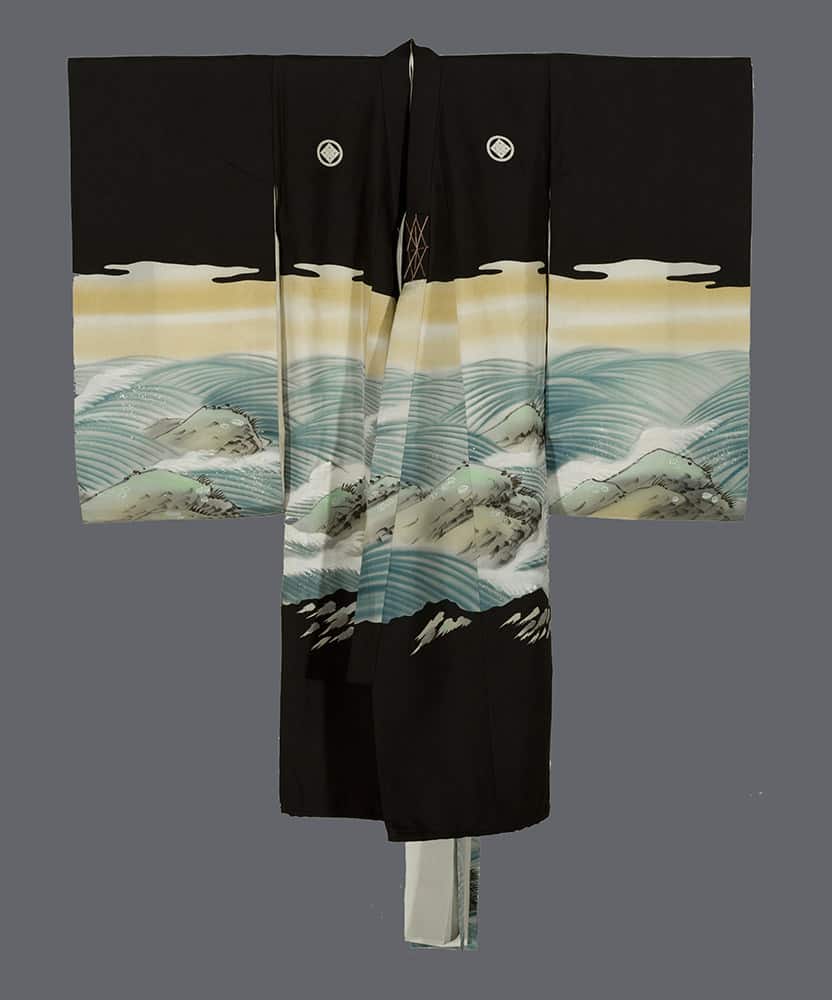 Black Japanese kimono with seascape and mountain wave design
