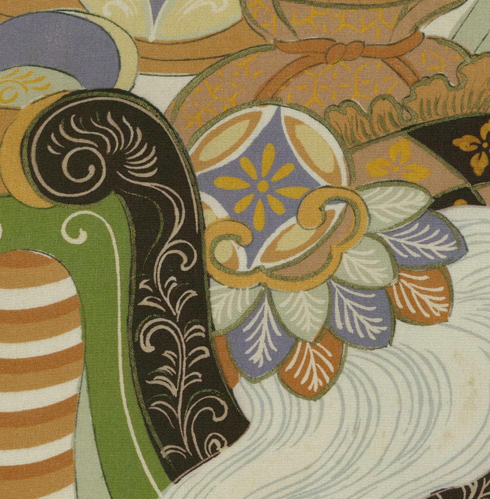 Colorful floral abstract pattern with curving shapes and decorative elements