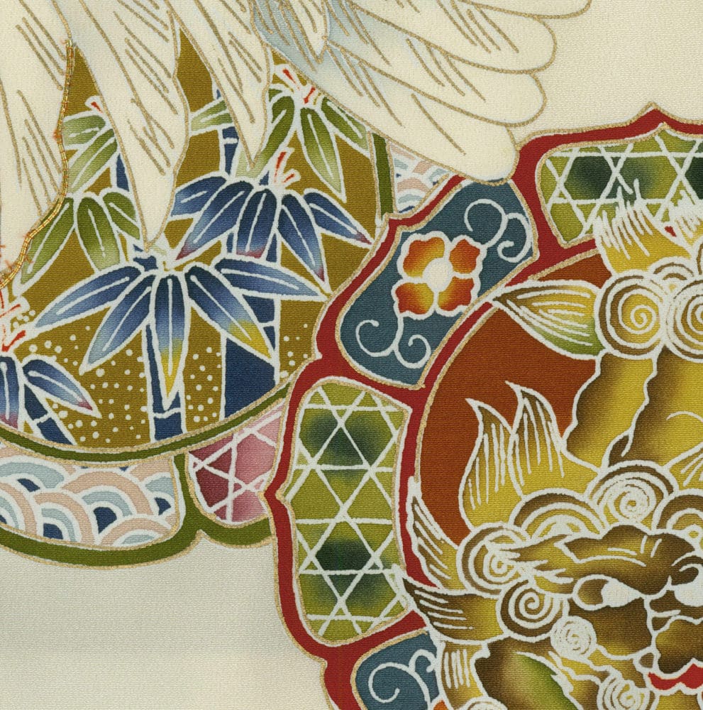 Colorful Japanese textile with bamboo, geometric patterns, and stylized floral design