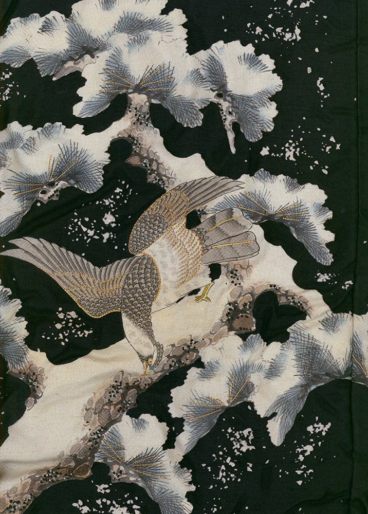 Vintage Japanese art of crane birds perched on blossoming branches