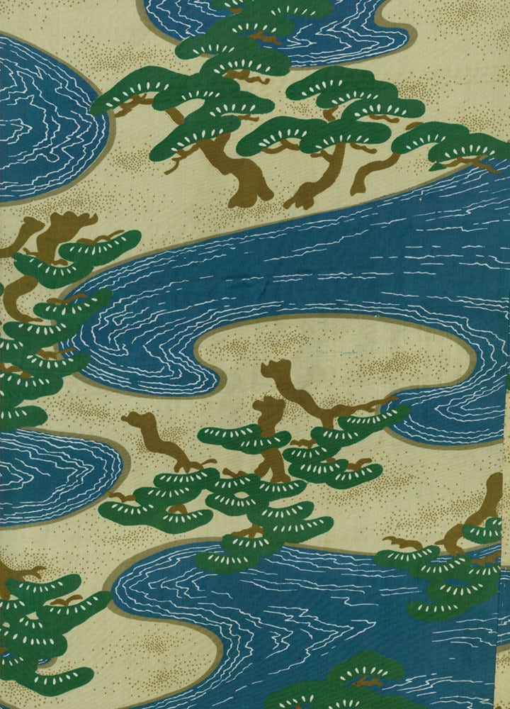 Japanese woodblock print with pine trees and blue water landscape