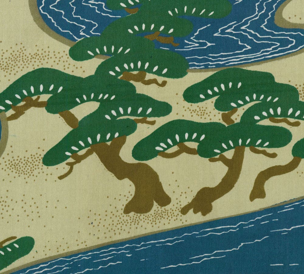 Japanese-style illustration of stylized green trees near blue water
