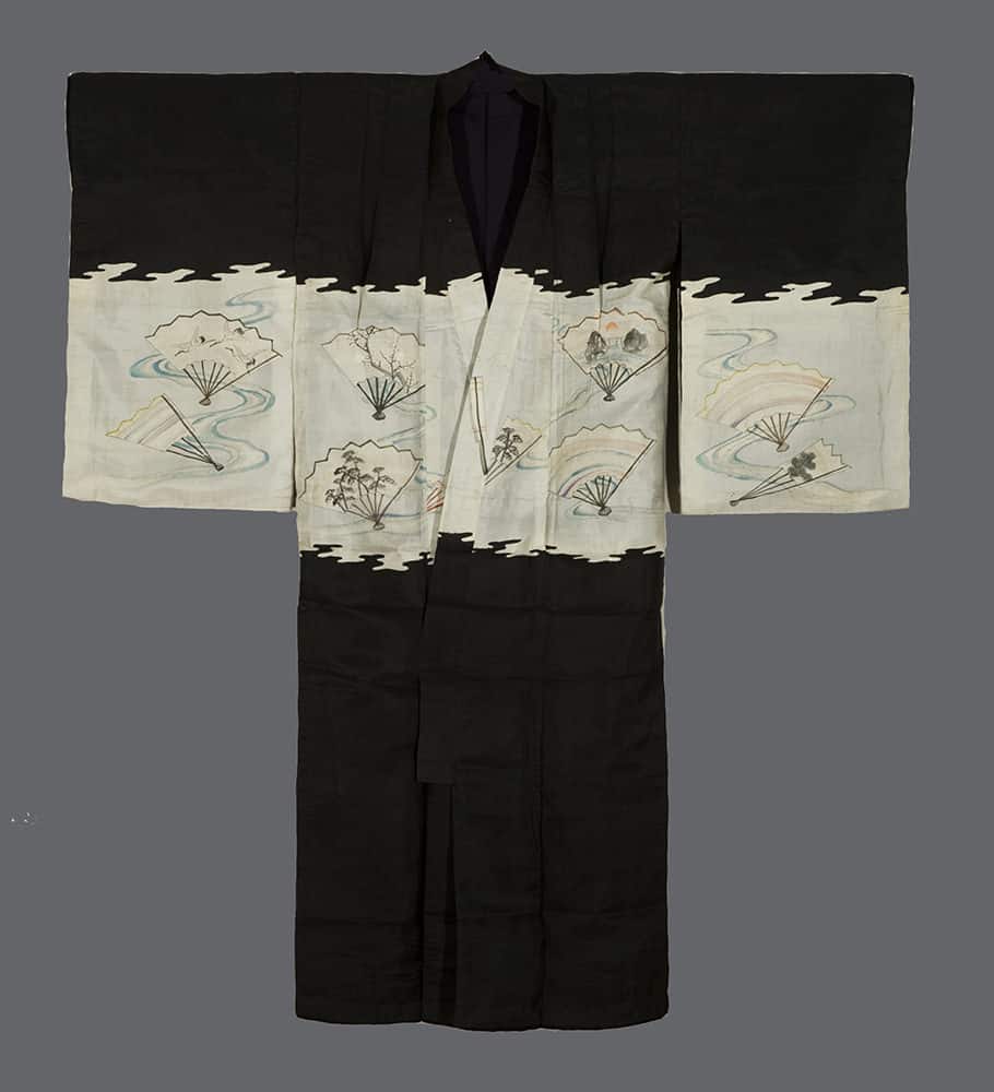 Black and white Japanese kimono with delicate fan and flower motifs