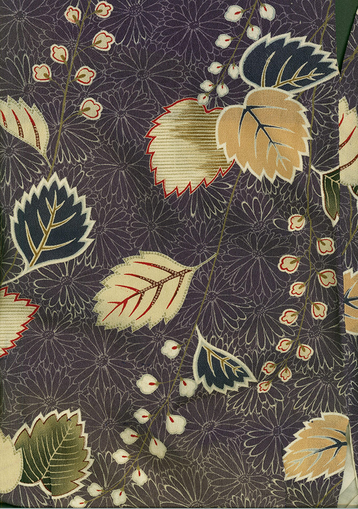 Vintage floral textile pattern with stylized leaves on dark background