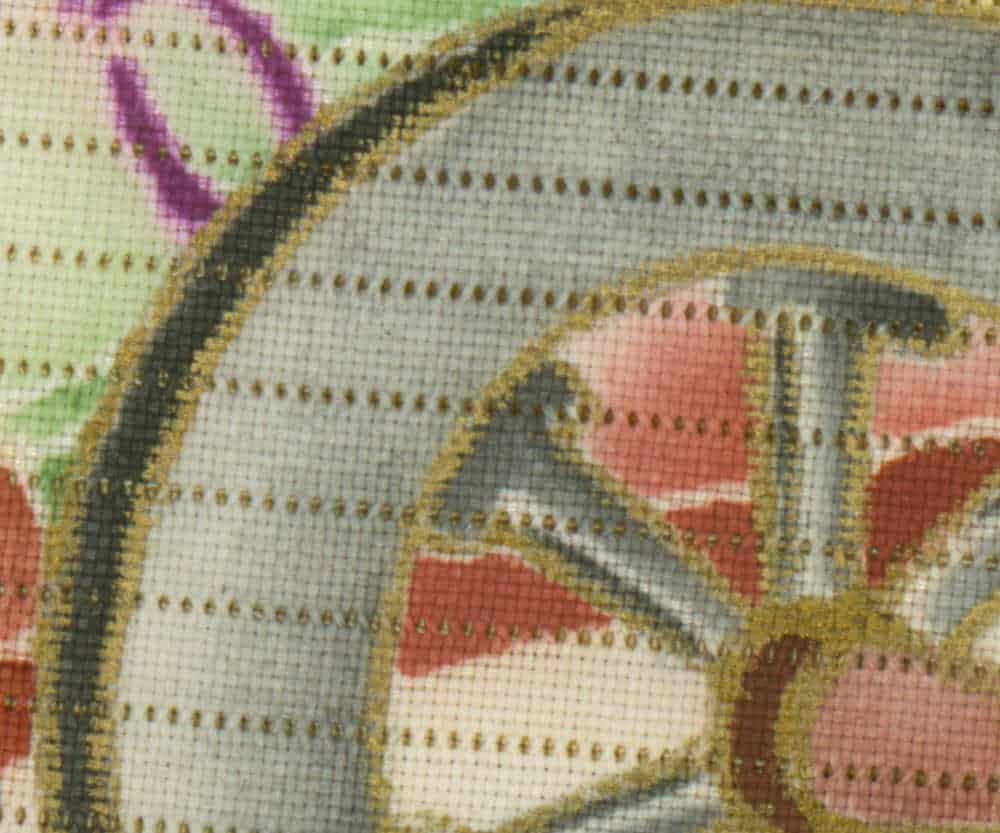 Colorful abstract needlepoint with curved geometric patterns and textured grid