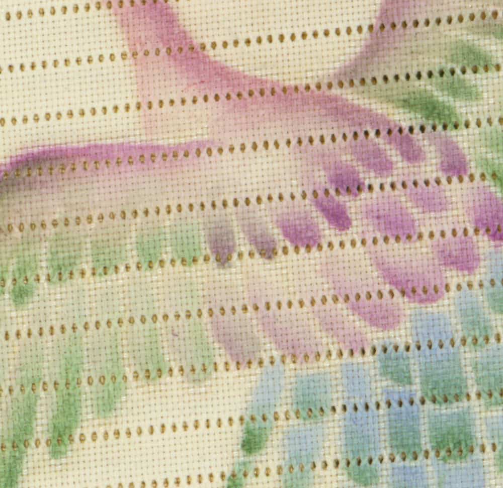 Pastel-colored cross-stitch embroidery with wavy pattern on fabric