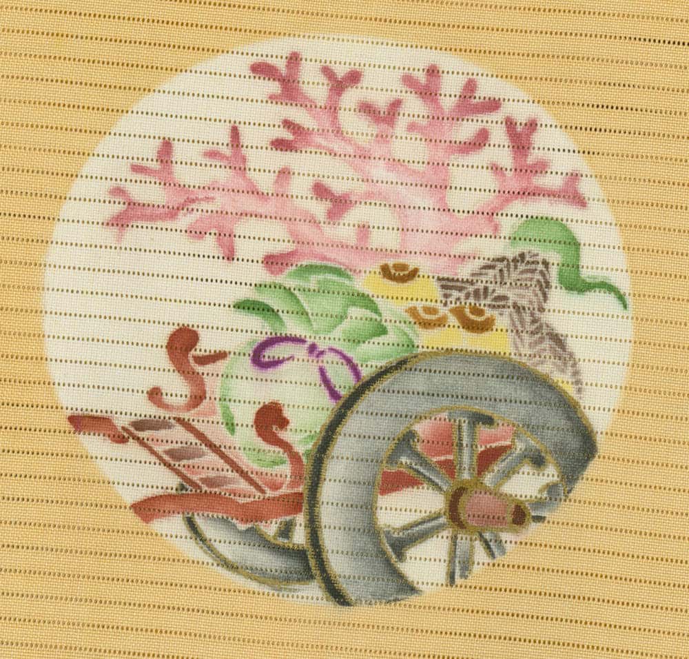 Vintage embroidery with flowers, wheel, and delicate pastel colors