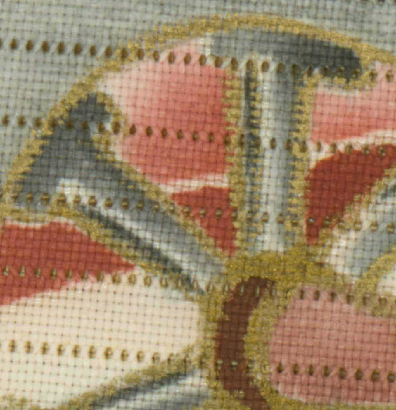 Vintage needlepoint with pink and gold floral tapestry detail