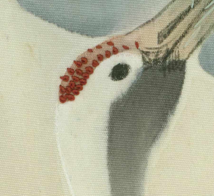White bird with red spots on head, close-up artistic illustration
