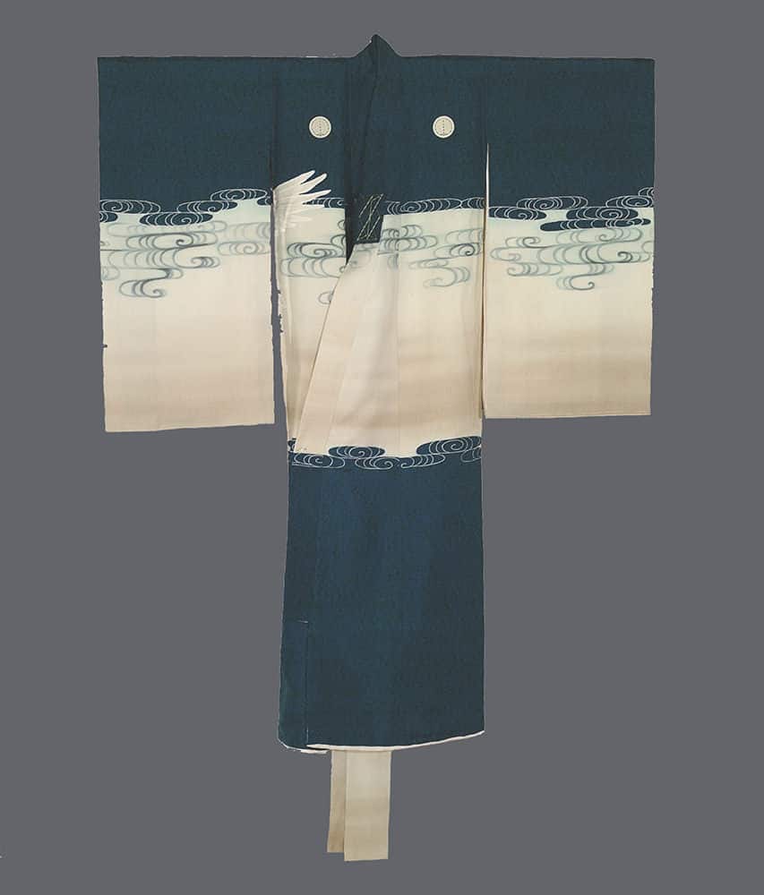Traditional Japanese dark blue and white kimono with cloud pattern