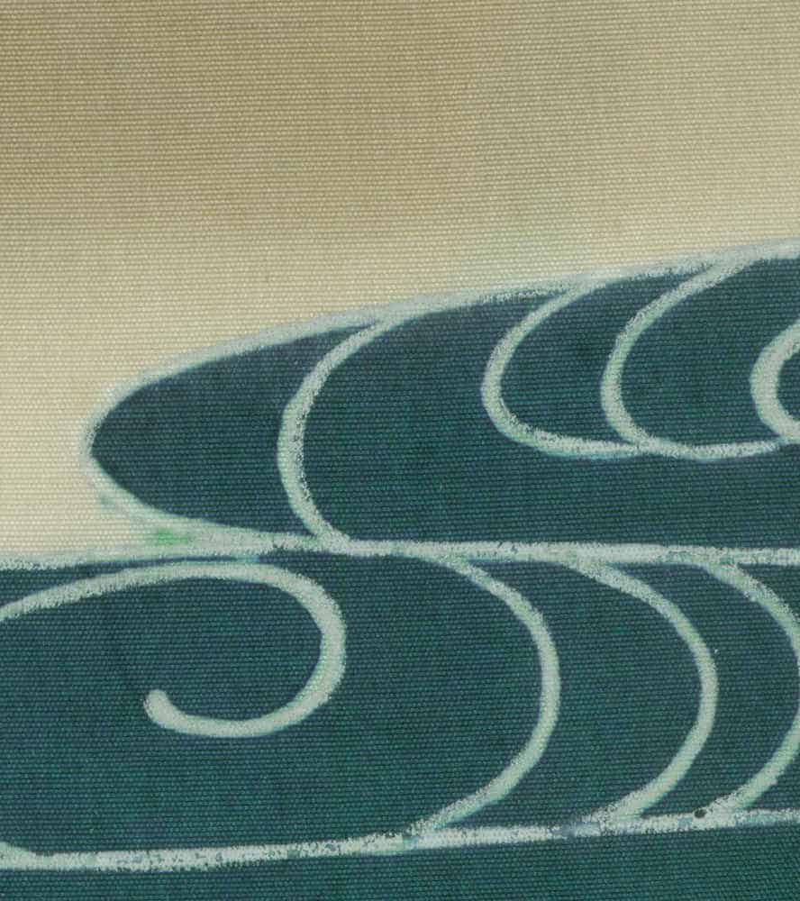 Abstract curved lines in green and white on textured fabric