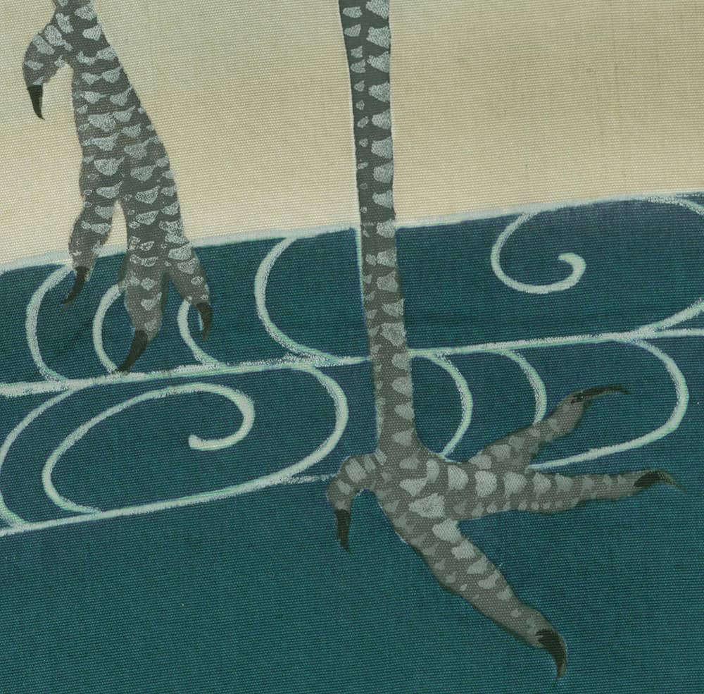 Stylized lizards on blue and beige background with curving lines