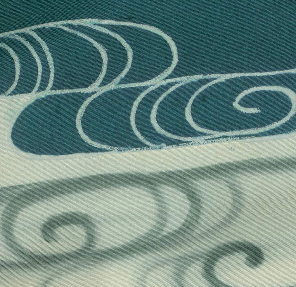 Curved wave-like patterns in teal and green textile texture