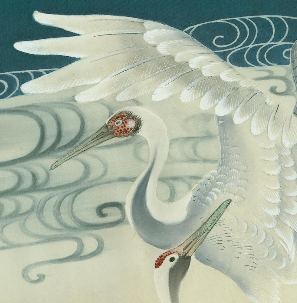 White crane with elegant wing detail against soft curving background