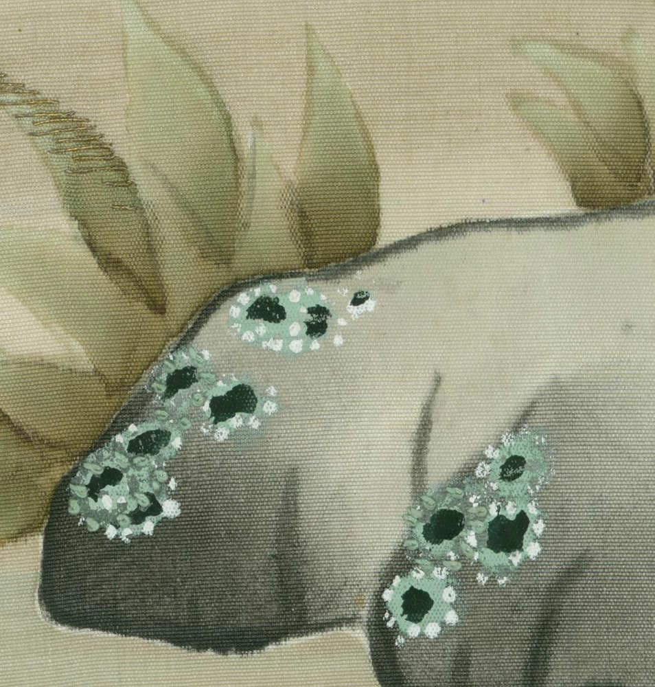 Soft green rabbit illustration with delicate flower-like details