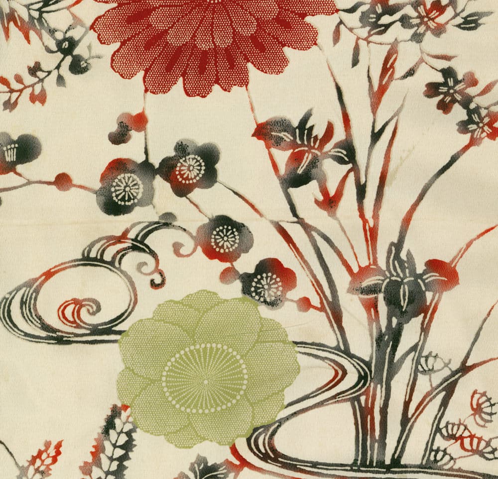 Vintage Japanese floral illustration with red, green, and black botanical design