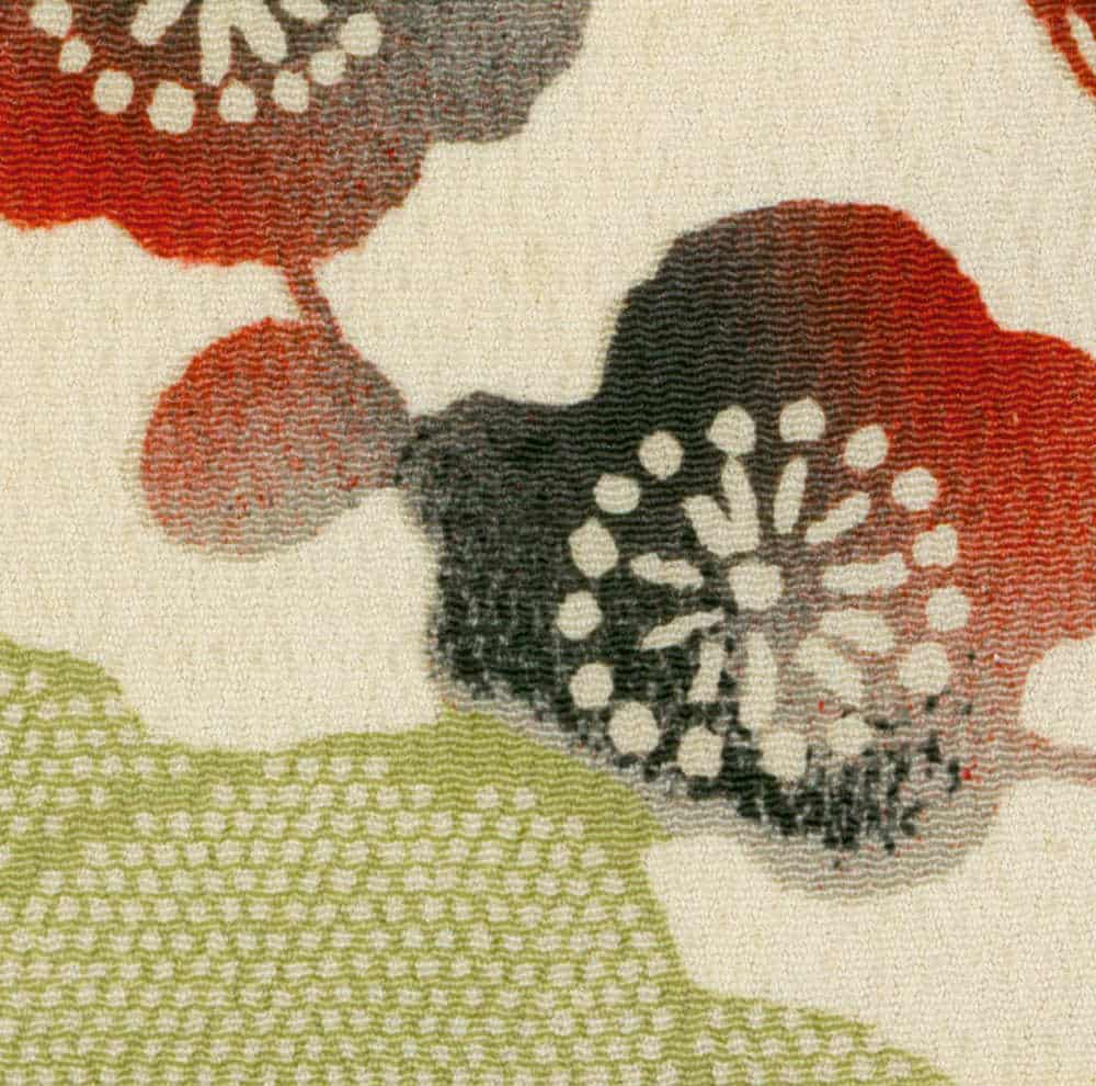 Abstract floral textile with red, black, green textured organic shapes