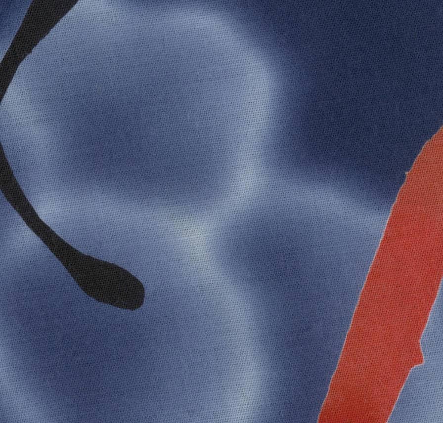 Abstract fabric texture with blue, black, and red curved lines