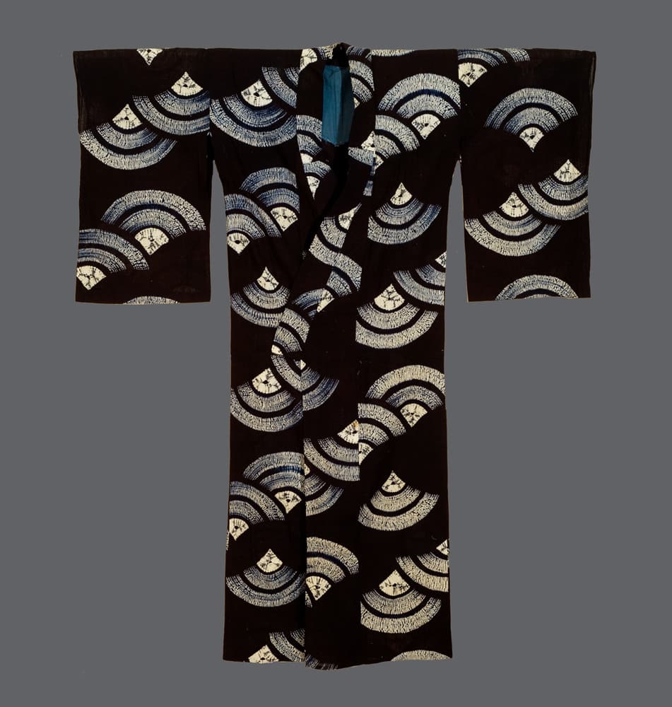 Traditional Japanese kimono with blue and white circular wave pattern