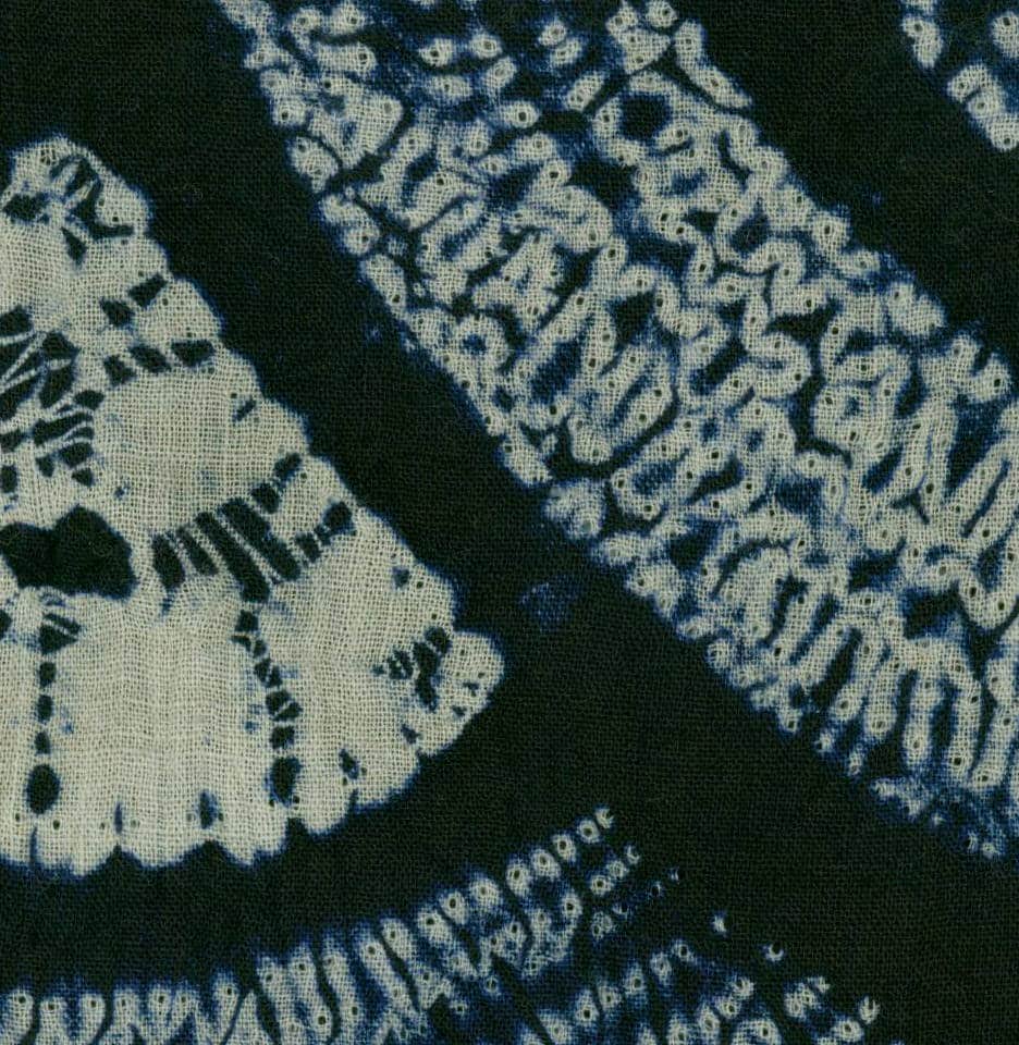 Blue and white shibori fabric with intricate tie-dye pattern