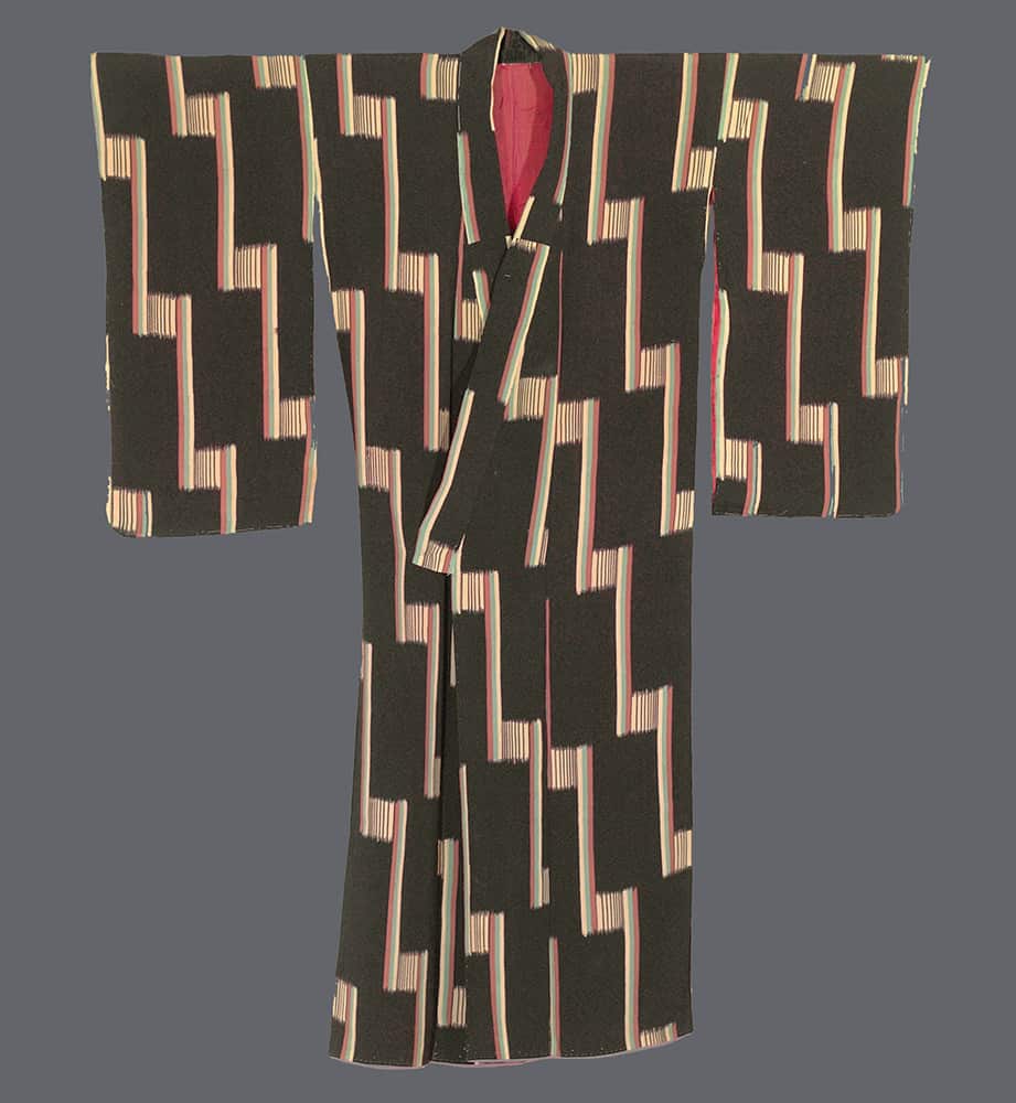 Black Japanese kimono with geometric striped pattern and pink interior