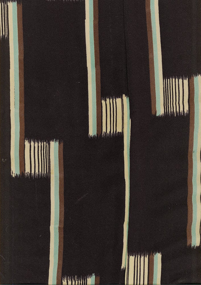 Abstract vertical stripes in black, cream, brown, and pale blue