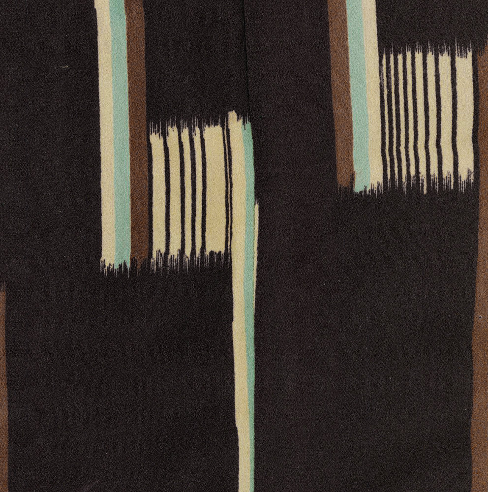 Abstract artwork with vertical striped patterns in black, cream, and teal