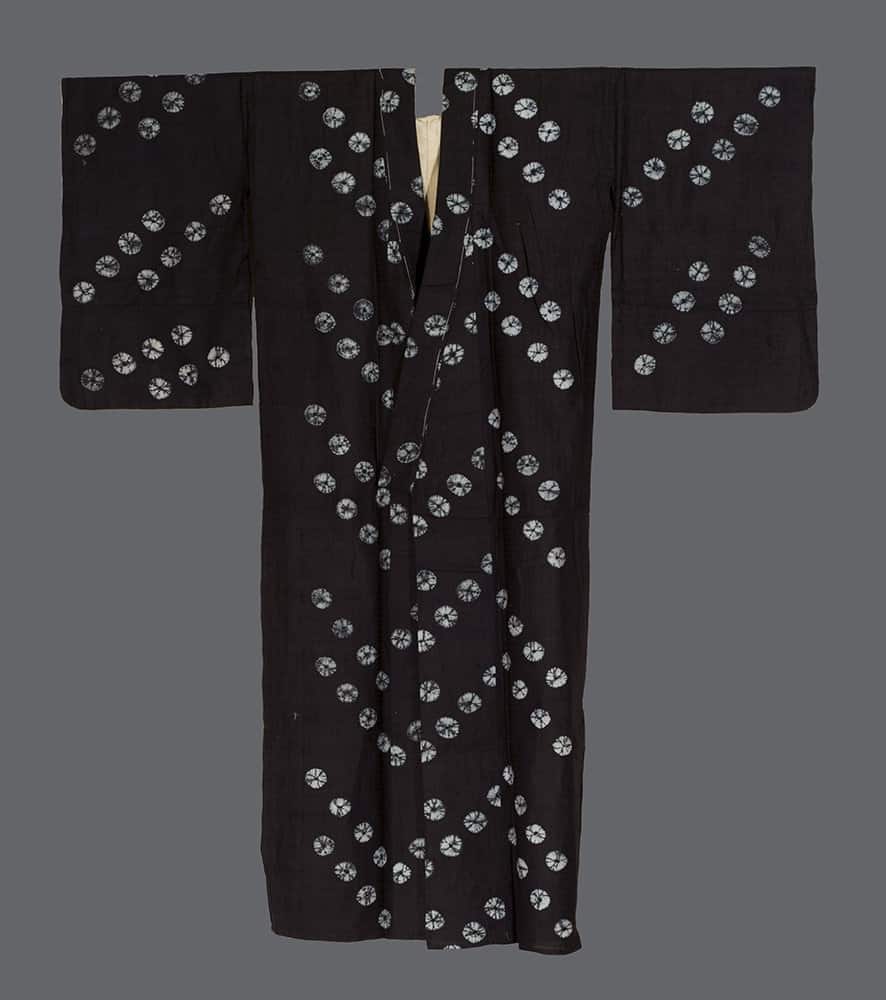 Black Japanese kimono with white tie-dye circular pattern
