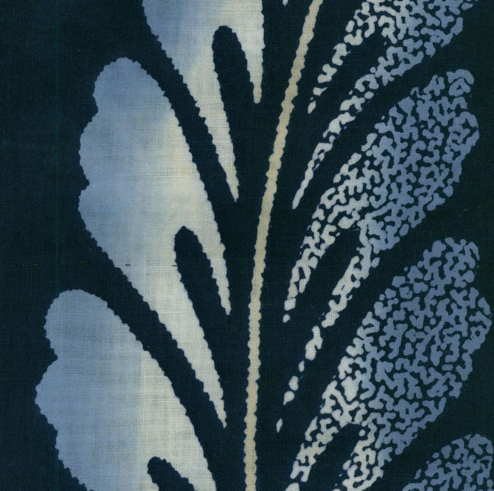 Abstract botanical print with blue and black leaf-like shapes