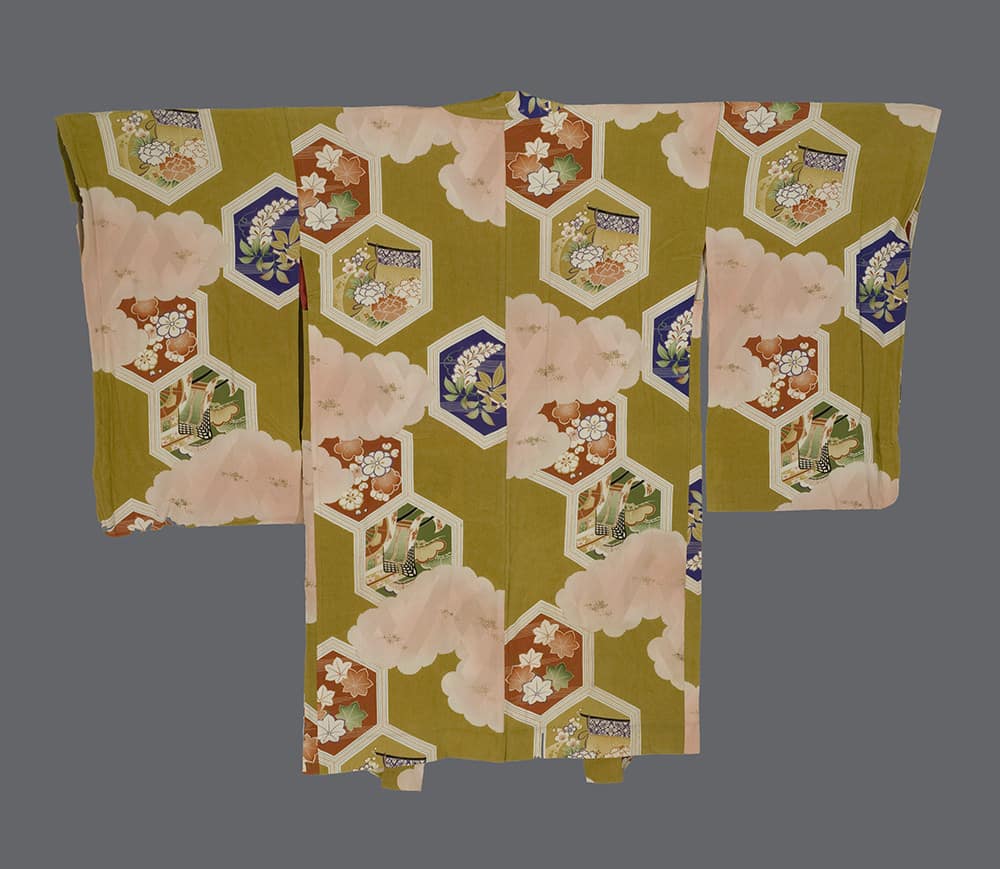 Vintage Japanese kimono with hexagonal floral pattern in olive, pink, and blue