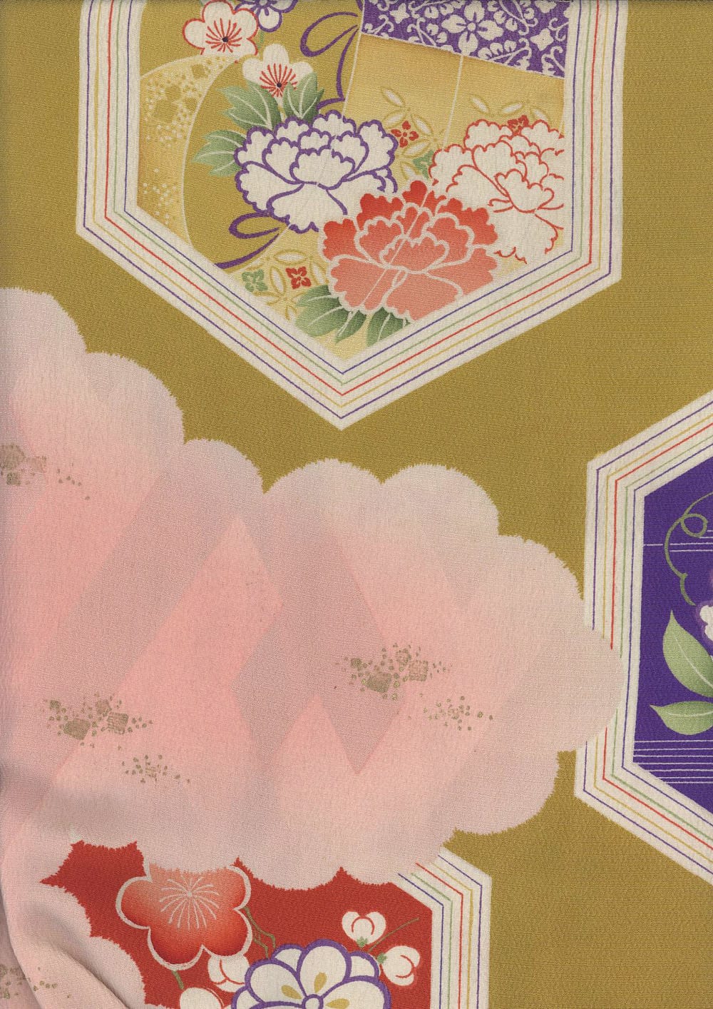 Traditional Japanese textile with geometric hexagons and floral patterns