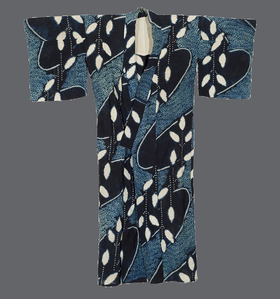 Blue and white Japanese kimono with leaf and dot pattern