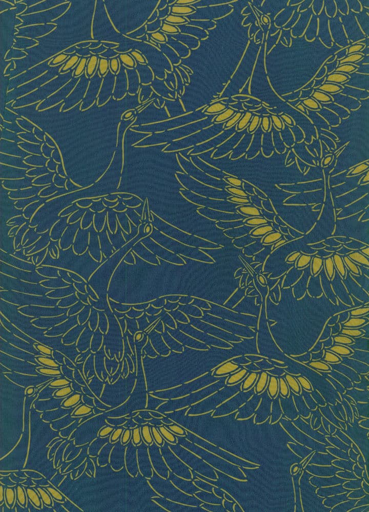 Vintage-style pattern of flying cranes in blue and yellow-green