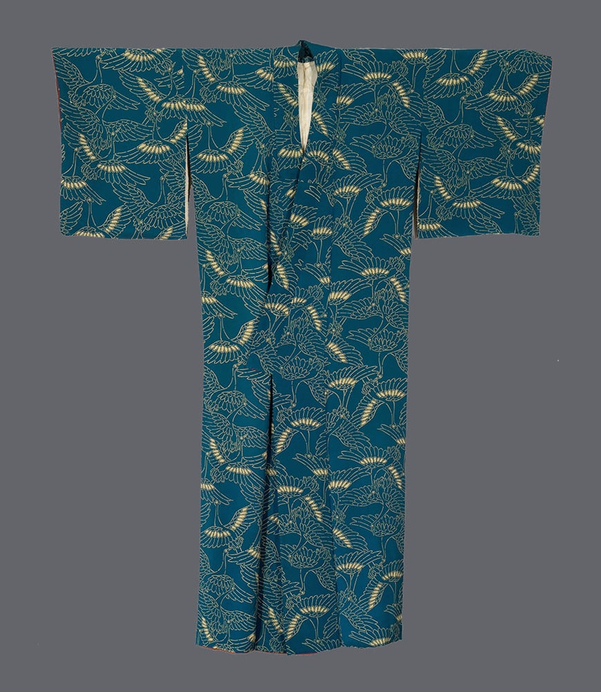 Teal Japanese kimono with golden crane and flower pattern