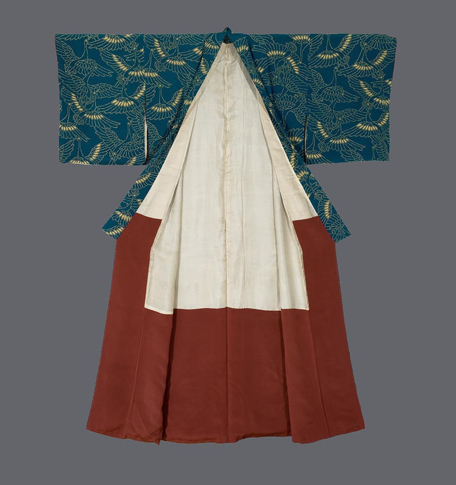 Traditional Japanese kimono with blue floral sleeves and white and red body