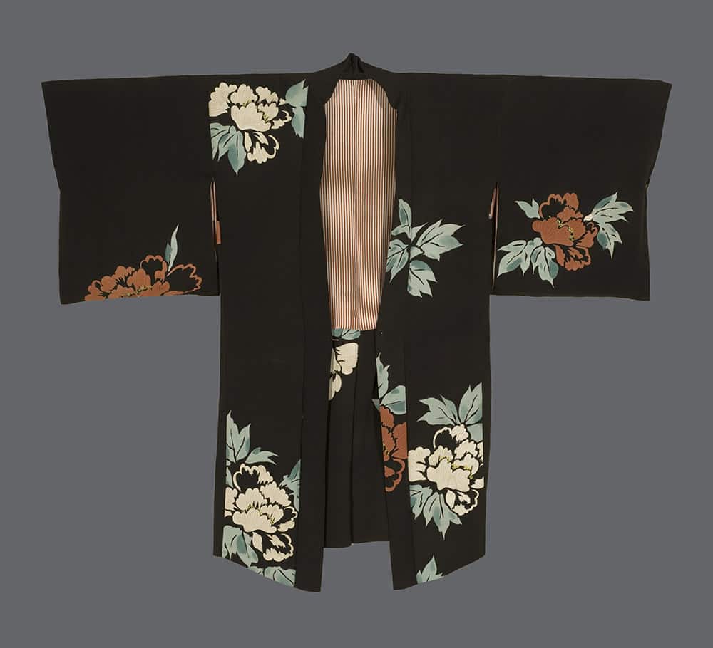 Black Japanese kimono with peony flowers and muted green leaves