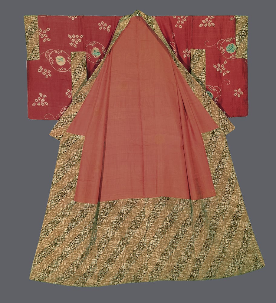 Traditional Japanese kimono with red and golden patterned fabric