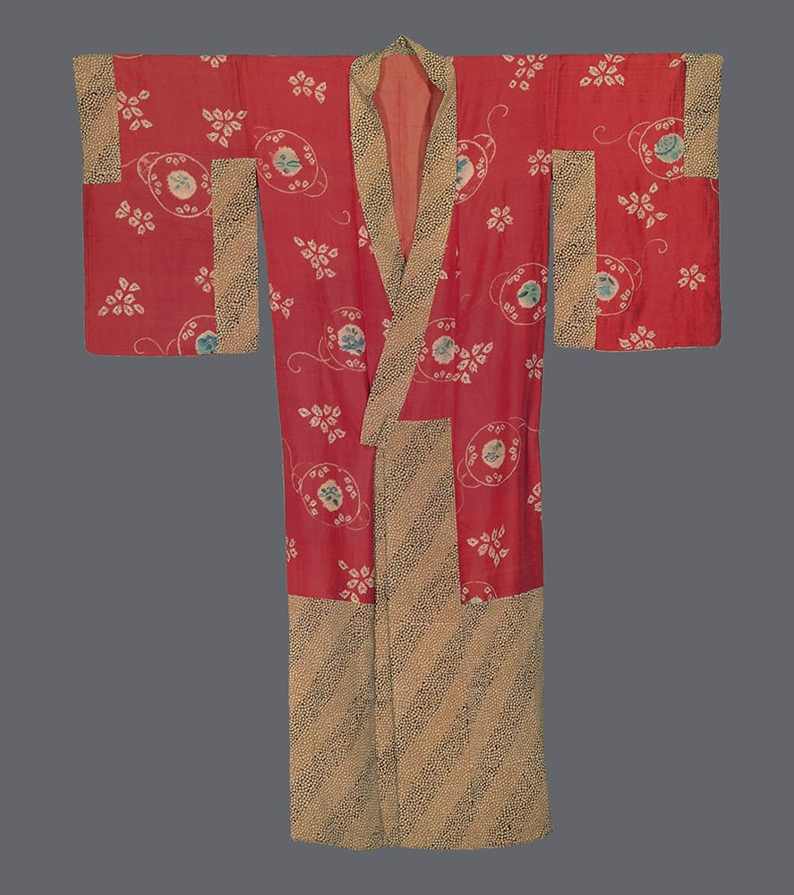 Vintage red Japanese kimono with gold floral and circular pattern