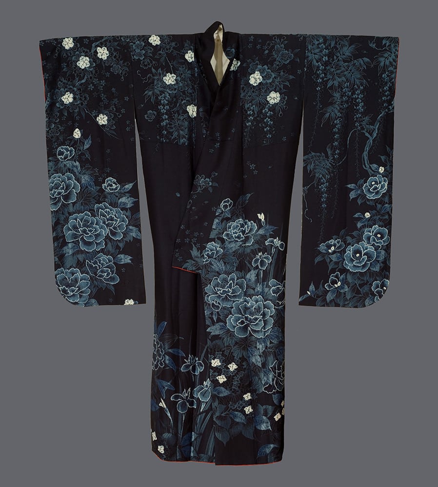 Dark blue Japanese kimono with intricate floral and botanical design