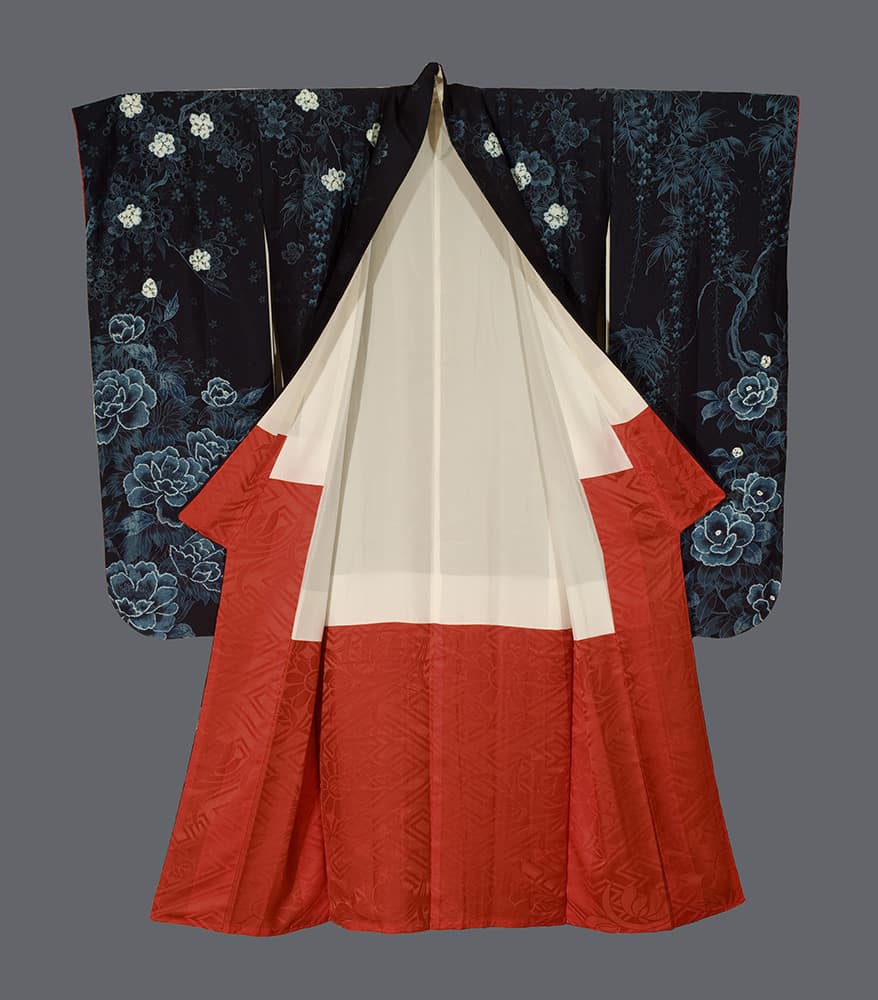 Traditional Japanese kimono with floral black and red color block design