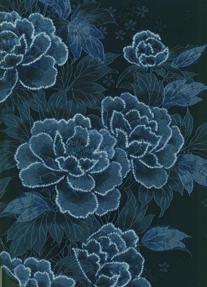 Indigo blue floral pattern with detailed embroidered-like peony flowers