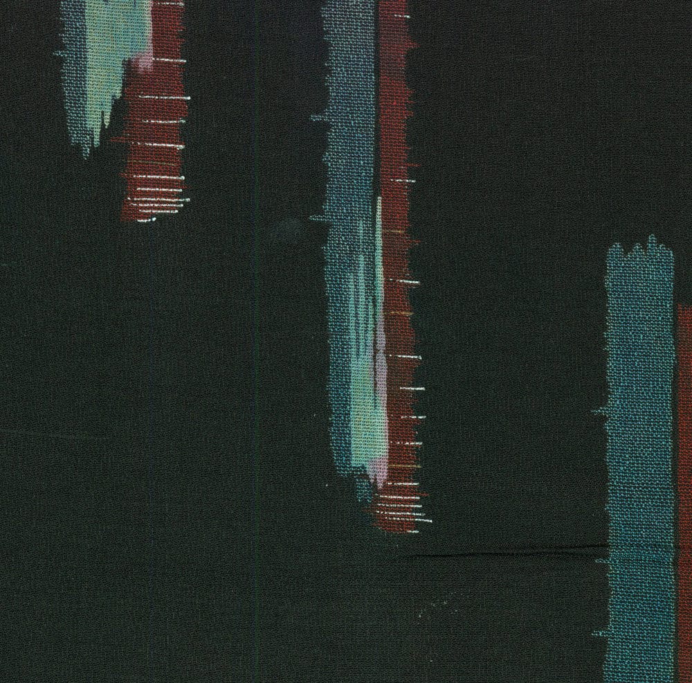 Abstract textile artwork with vertical blue and red textured stripes