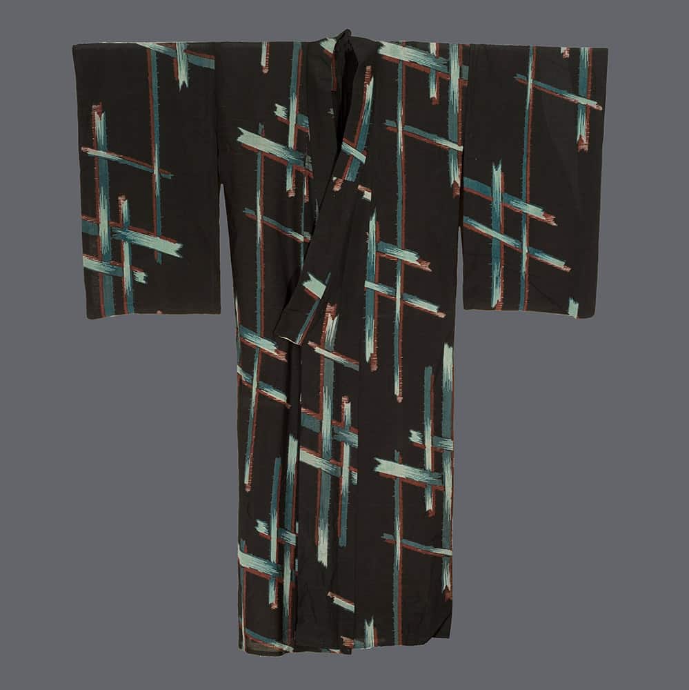 Black Japanese kimono with blue and red abstract geometric brushstroke pattern